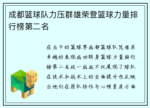 成都篮球队力压群雄荣登篮球力量排行榜第二名